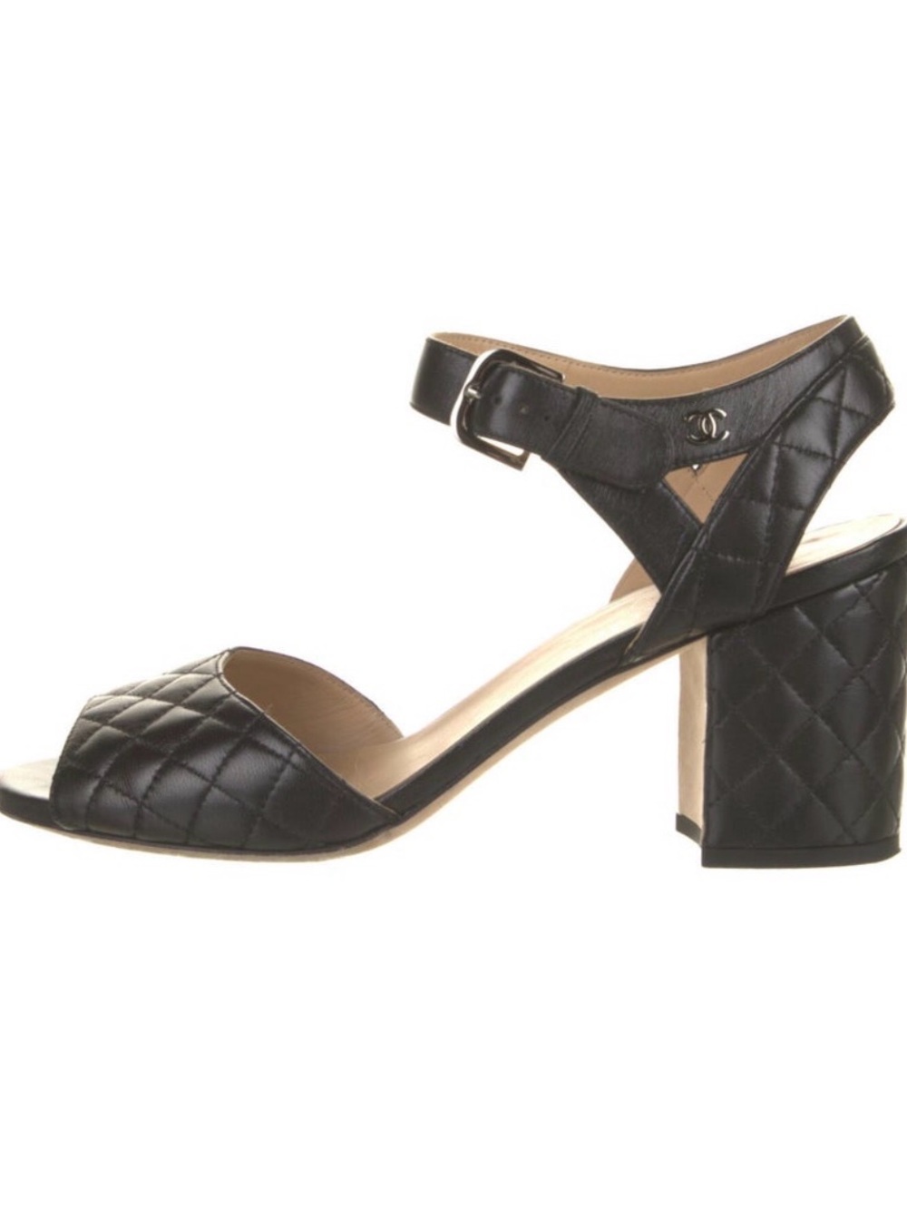 CHANEL Black Quilted Leather Ankle-Strap Block Heel Sandal 9